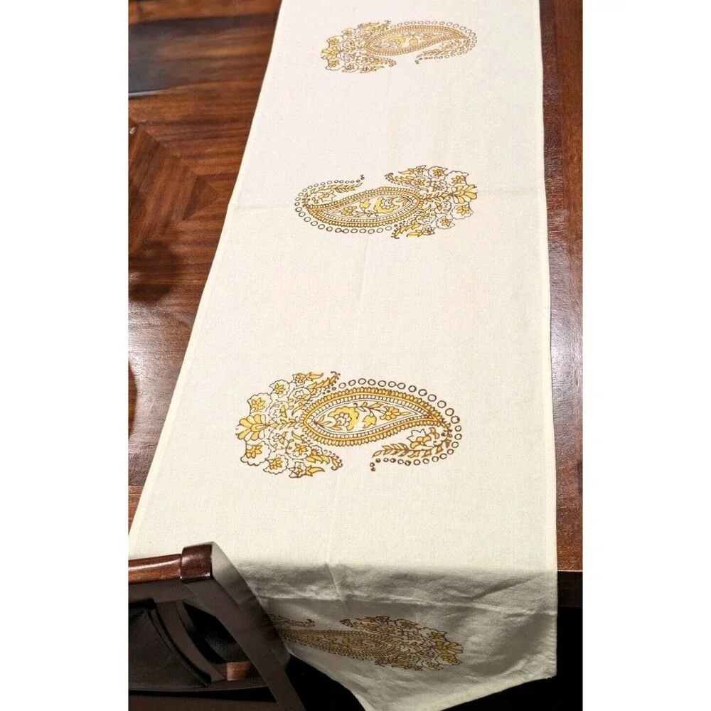 ​Modern Boho Table Runner Mustard Yellow Hand Stamped Block Eccentric Decor Gift